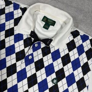 Brooks Brothers Polo Shirt Mens XL Blue Black White Argyle Golf St Andrews Links